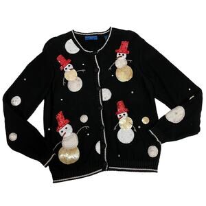 Karen Scott Sport Holiday Snowman Cardigan Sweater - Black - Large Petite